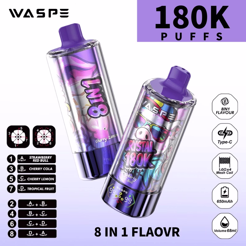 WASPE 8 IN 1 Crystal 180k Puffs Strawberry Red Bull Cherry Cola Cherry Lemon Tropical Fruit